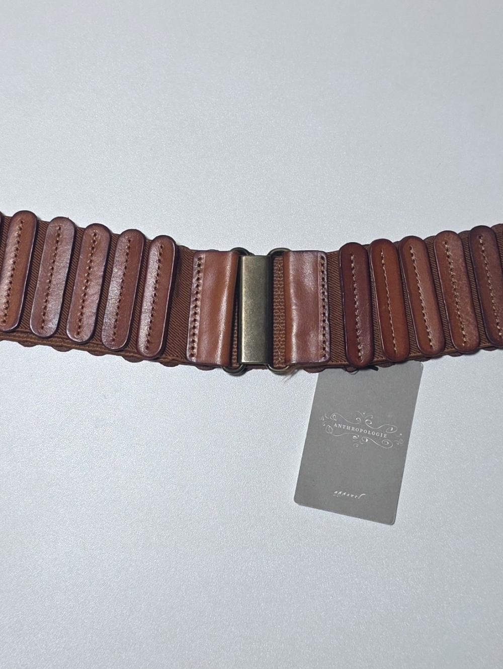 Anthropologie Brown Leather Panel Belt with Brass Buckle